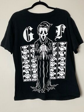 Ghost Face Black Graphic Tee White Skull Reaper Panel Gothic Streetwear Size L